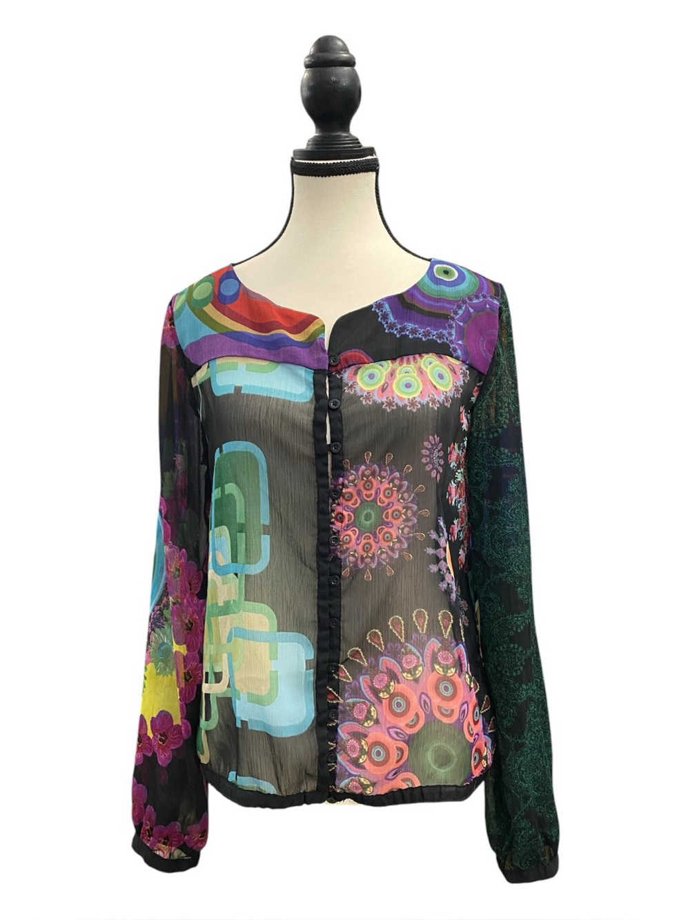 Desigual Sheer Multicolor Printed Button-Front Blouse - Size M